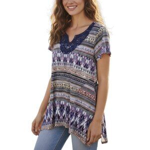 One World Tunic Top XS SMALL Hi Low Rhinestones Macrame Liquid Knit Purple Ikat